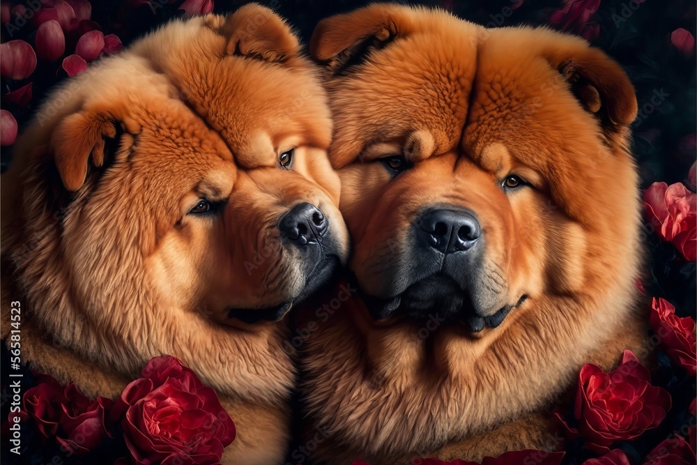 Valentine's Day Rose Cuddling Chow Chow Dog Couple (generative AI)