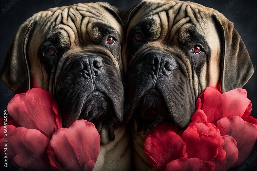 Valentine's Day Rose Cuddling English Mastiff Dog Couple (generative AI)