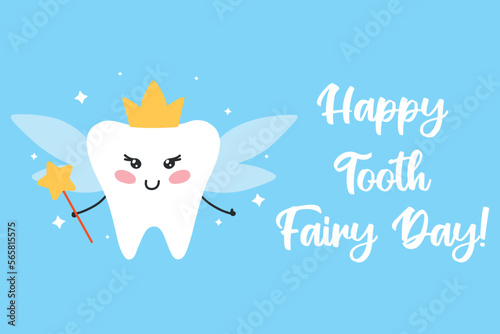 Cute card for tooth fairy day. Vector illustration. Flat cartoon style. tooth fairy in kawaii style.