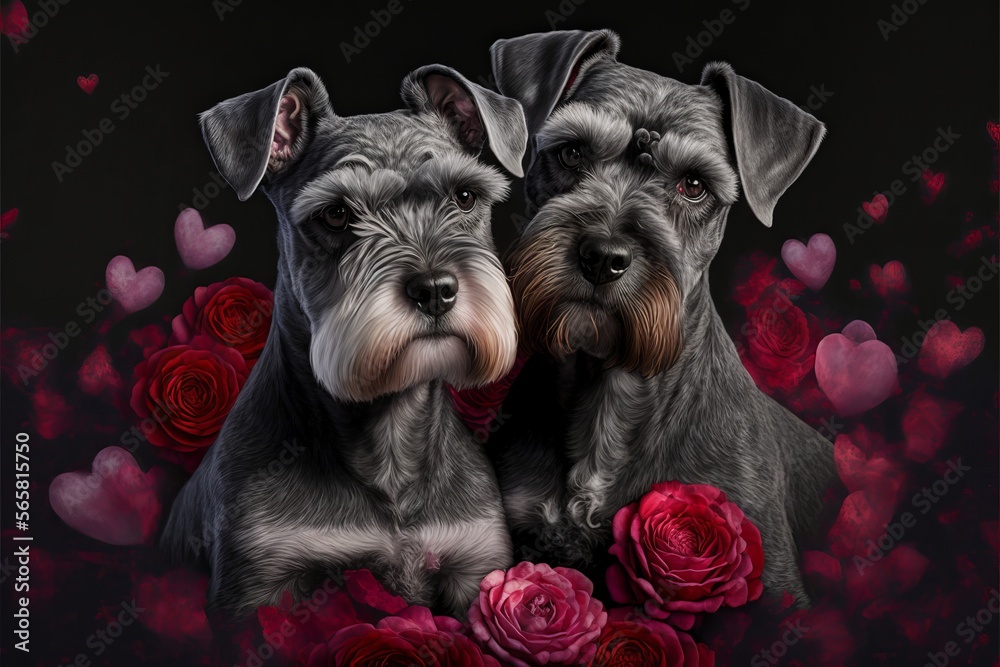 Valentine's Day Rose Cuddling Miniature Schnauzer Couple (generative AI)
