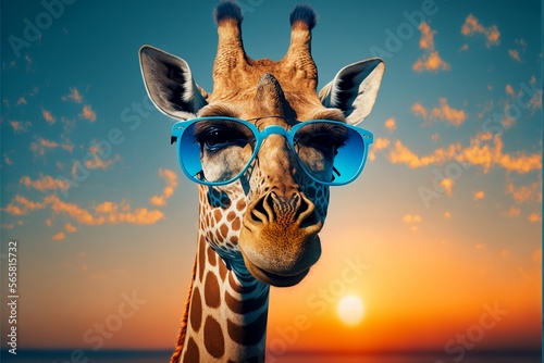 Funny Giraffe with sunglasses in sunset background . Generative AI. © Kemal