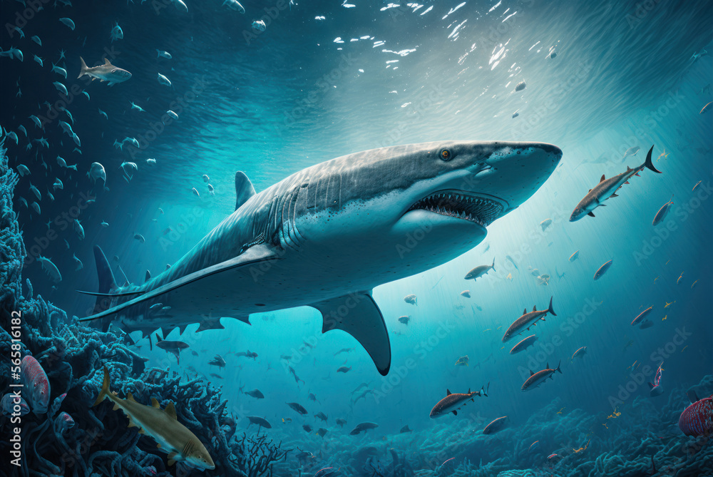 Fototapeta premium Great White Shark (Carcharodon carcharias) swimming in the ocean, generative ai