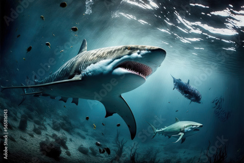Great White Shark  Carcharodon carcharias  swimming in the ocean  generative ai