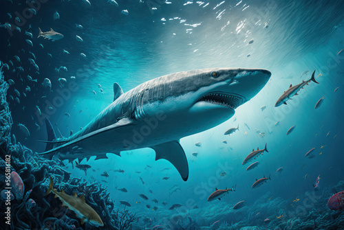 Great White Shark (Carcharodon carcharias) swimming in the ocean, generative ai
