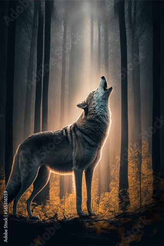 Wolf Howling in the Middle of a Forest - AI Generative Image - Midjourney