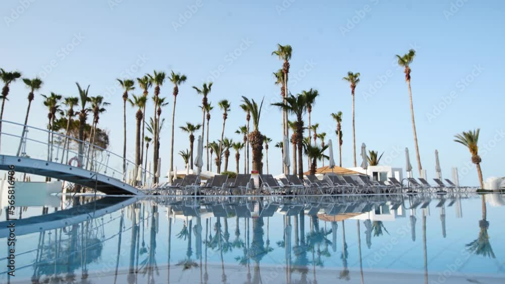 View of a tropical resort with clear blue sky and lots of palm trees around a swimming pool area. Beautiful palm trees and seabeds around swimming pool at resort. Vacation concept. Holiday concept