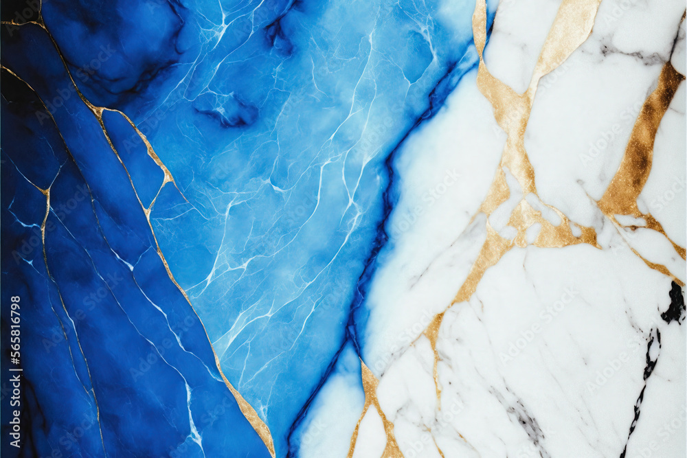 Naklejka premium Elegant Blue, White, and Gold Marble Texture for high-end designs. Stunning image for website backgrounds, social media posts, and more. Bold, sleek patterns with luxurious color palette Generative AI
