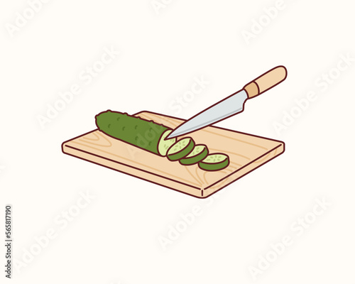 cucumber on wooden cutting board. Hand drawn style vector design illustrations.