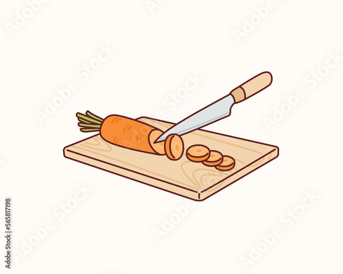 carrot on wooden cutting board. Hand drawn style vector design illustrations.