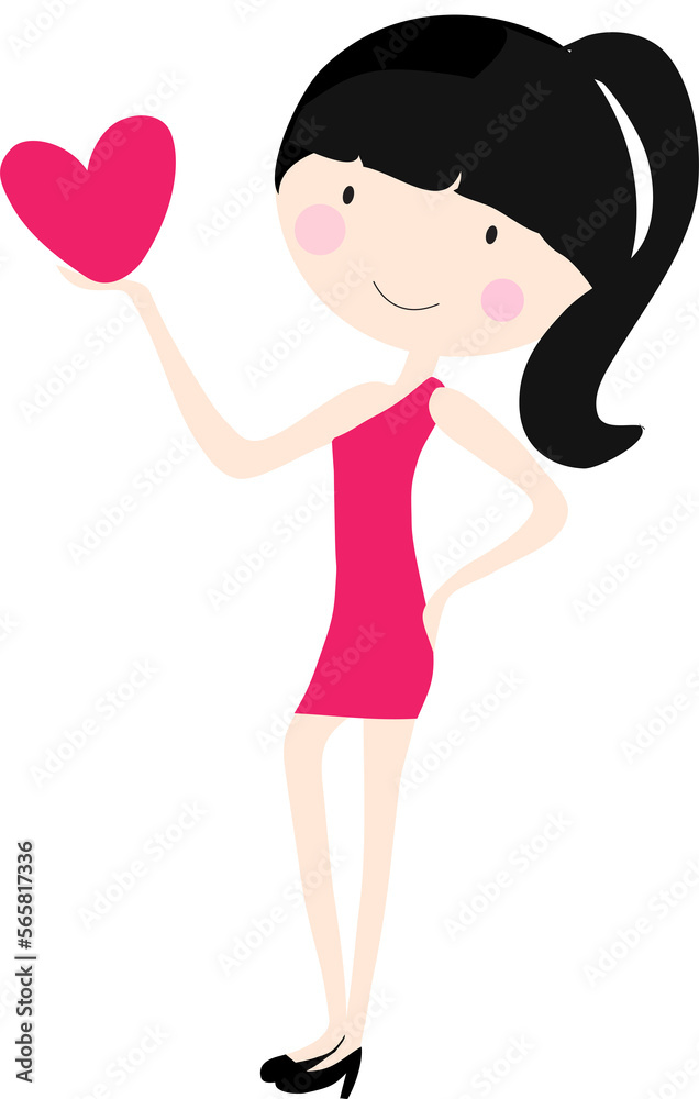 Cute girl with red heart on png background. Love and valentine concept Cute girl with red heart on png background. Love and valentine concept