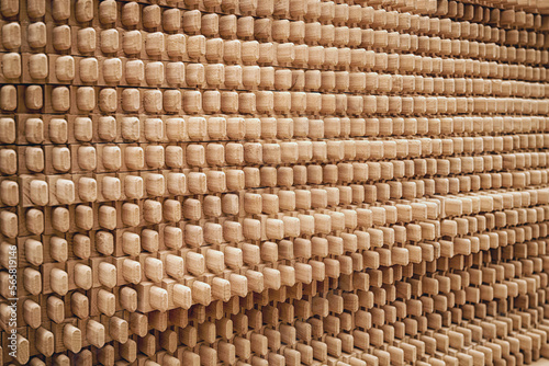 A lot of wooden parts for the production of chairs. Selective focus.