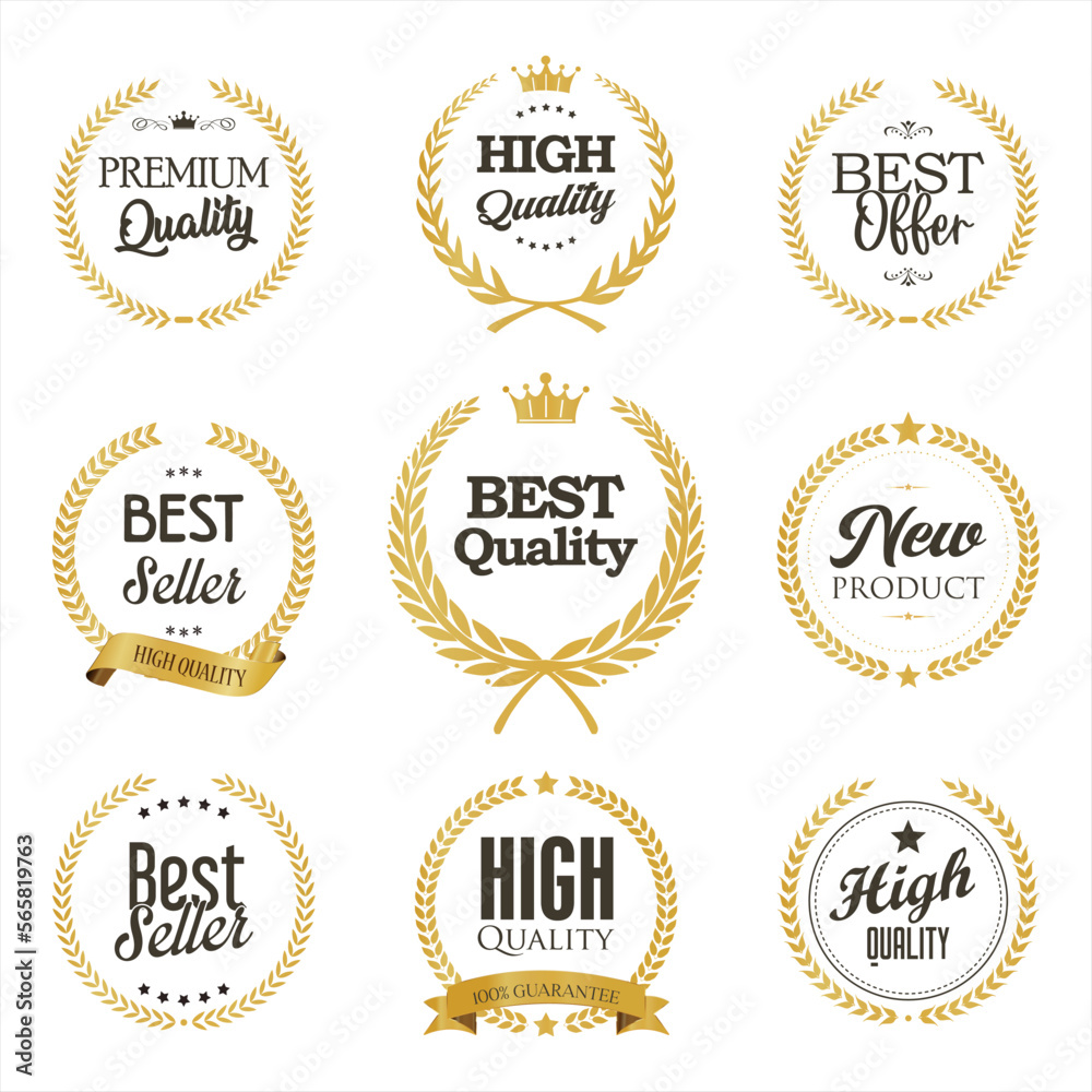 Collection of best seller high and premium quality icon design with laurel wreath logo isolated on white background Collection of best seller high and premium quality icon design with laurel wreath logo isolated on white background