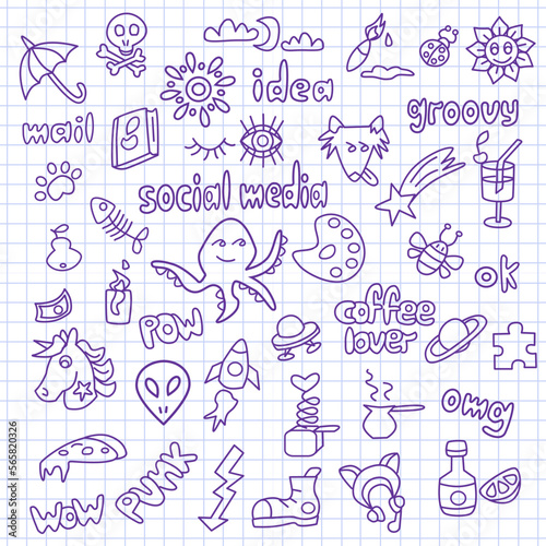 Contour drawings doodle set about love, kisses, travel, fantasy, space and leisure Outline Vector Illustration on white background