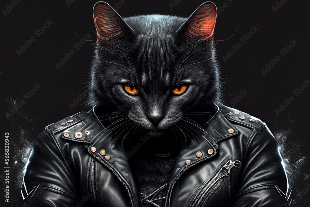 Cool cat in black leather jacket With Generative AI Cool cat in black leather jacket With Generative AI