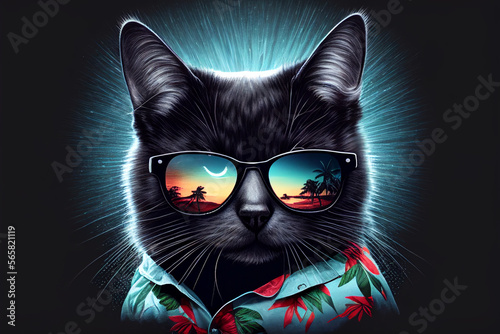Cool cat wearing Hawaiian shirt and wearing sunglasses With Generative AI © Natthithin