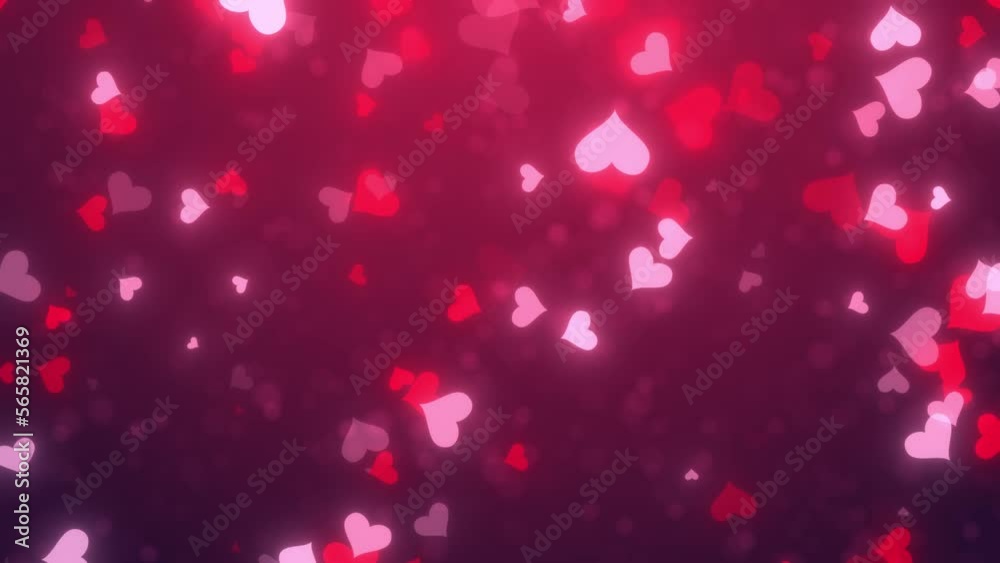 happy valentines day and romance animation, shiny and glitter hearts, valentine and marriage concept, glowing particles, dark red gradient background