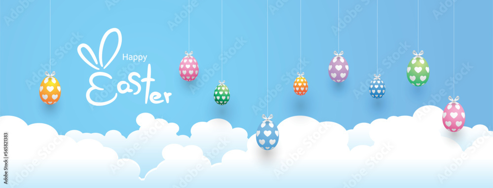 Happy Easter hand lettering with with Easter eggs, paper art style, Vector illustration