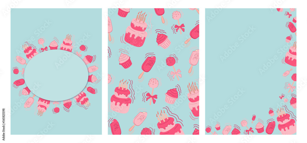 A set of posters with cakes and cakes for a birthday, a holiday. A collection of vector banners made of sweet cupcakes, cupcakes, popsicles, cake pops. seamless pattern with sweets