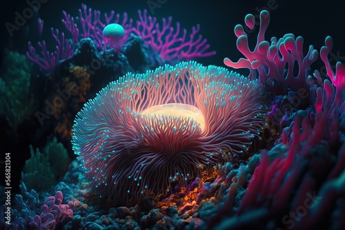 glowing sea anemone growing on the sea bed  generative ai composite