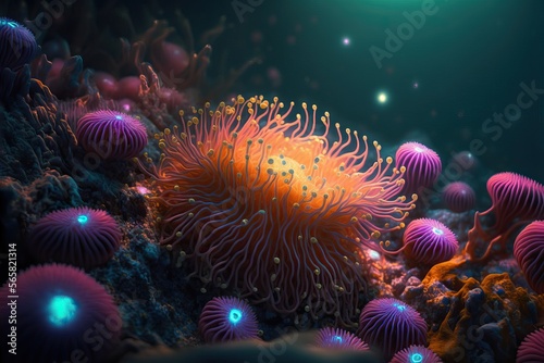 large, orange sea anemone surrounded by smaller anemones, generative ai composite