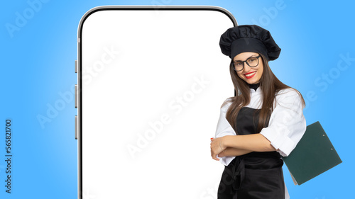Chef woman with big phone. ...