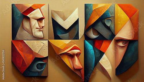 Human face parts in cubism style. Colorful imitation of oil painting. AI-generated
