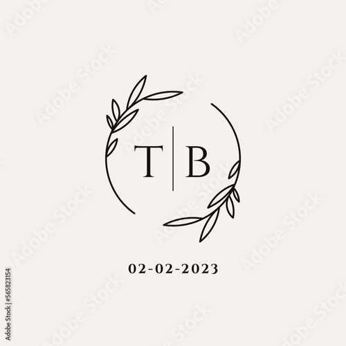 Letter TB wedding monogram logo design with simple natural circle leaf frame