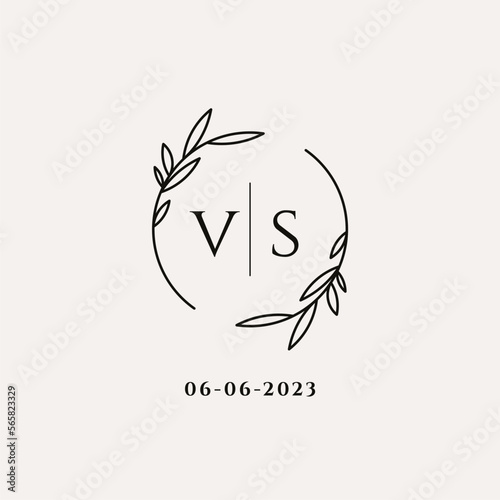 Letter VS wedding monogram logo design with simple natural circle leaf frame