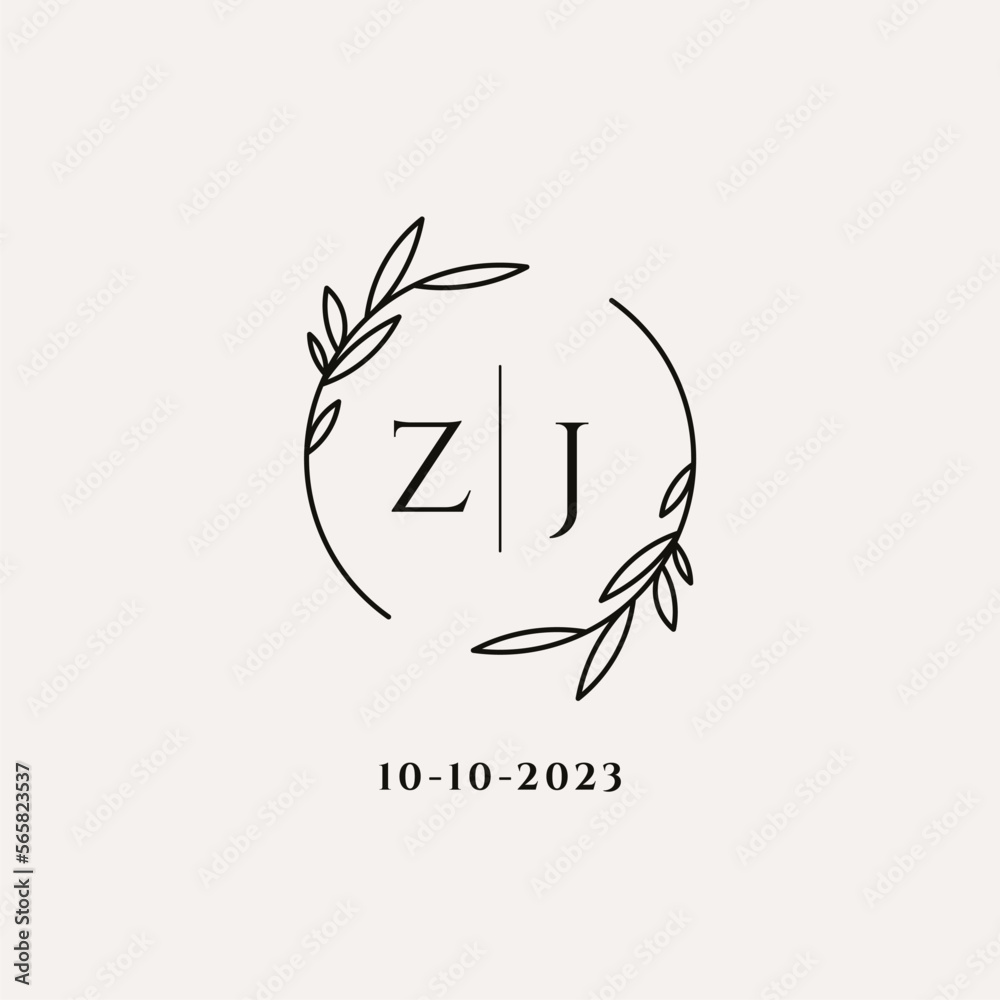 Letter ZJ wedding monogram logo design with simple natural circle leaf ...