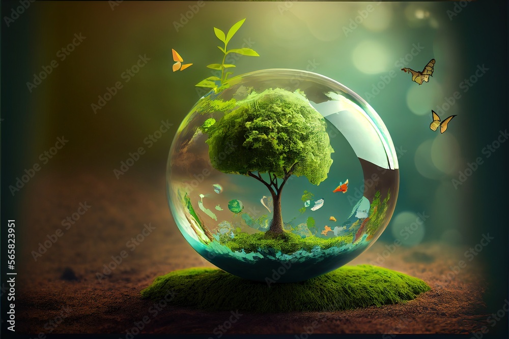 Green planet earth in glass sphere