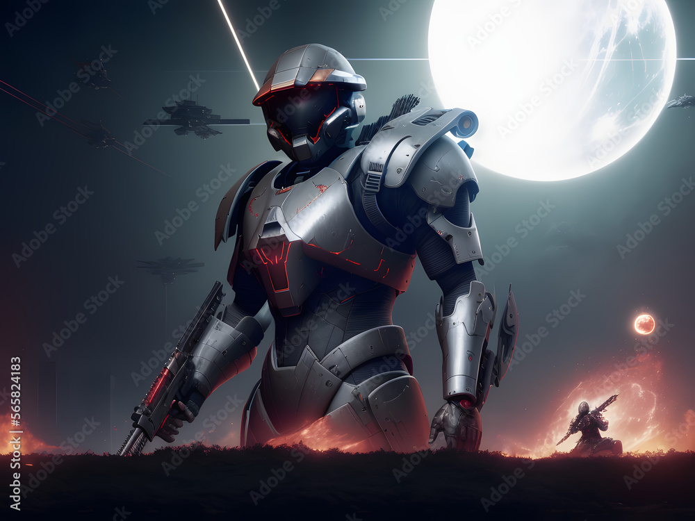 Fototapeta premium Dark quantum physics space robot god arrival illustration science cosmos space generated by generative ai