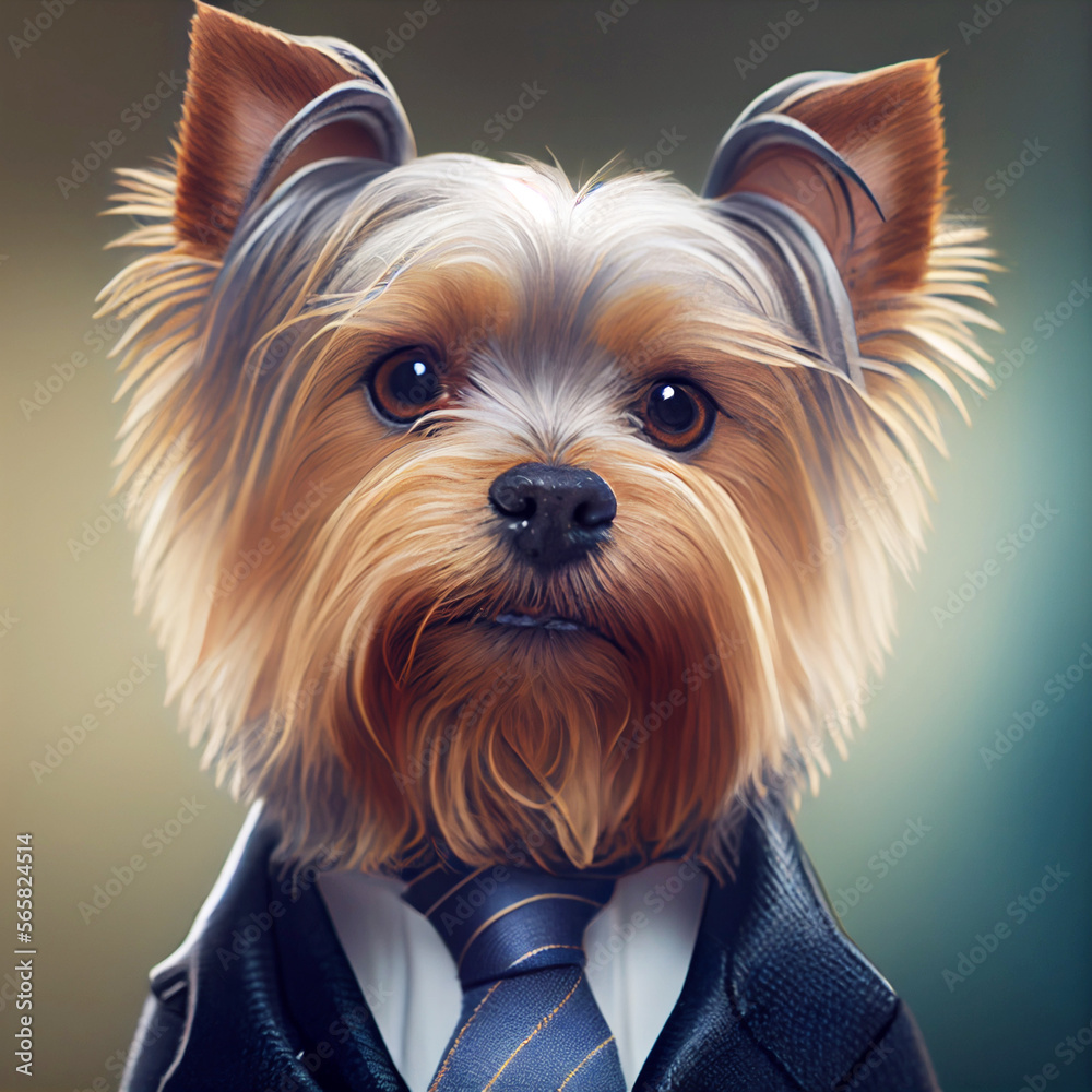 Yorkshire terrier as businessman. Generative Ai Art. Portrait of dog in a business suit with tie.