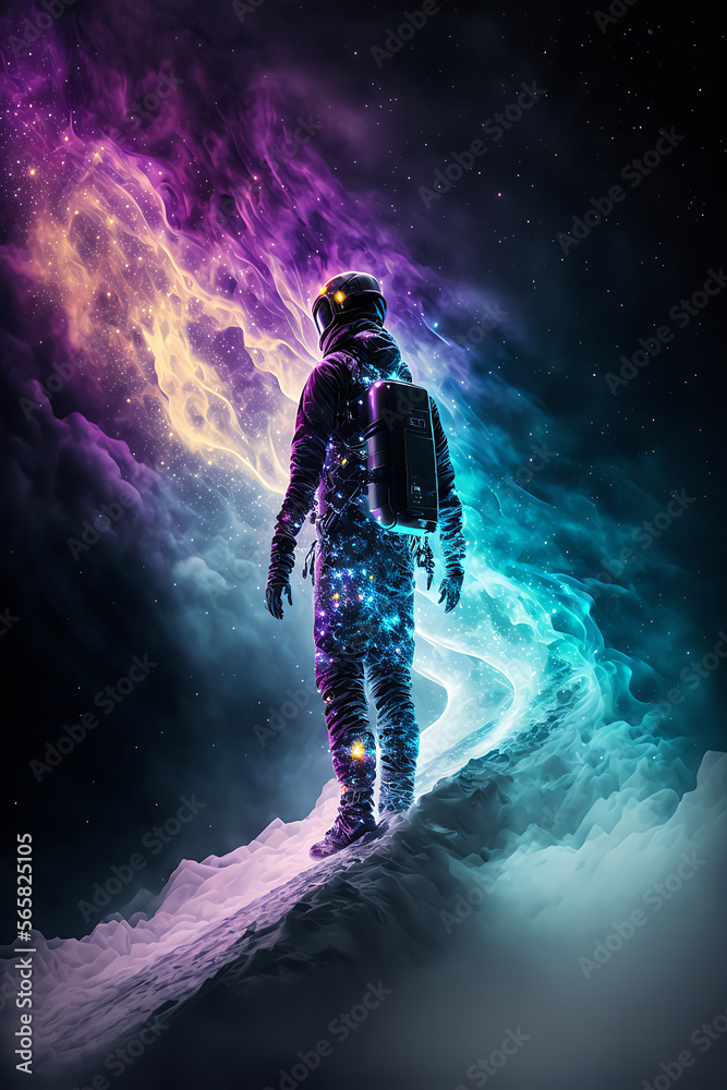 Snowboarder travels through a nebula Neon LED generated ai