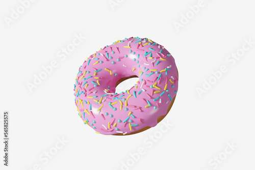 Close up 3d rendering of pink frosted donut with sprinkles Isolated on white background.