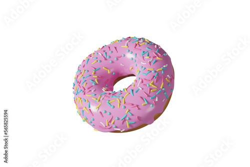 Картината върху платно Close up 3d rendering of pink frosted donut with sprinkles, Transparent background PNG file
