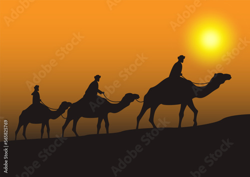 camel caravan going through the desert on beautiful sunset graphic illustration