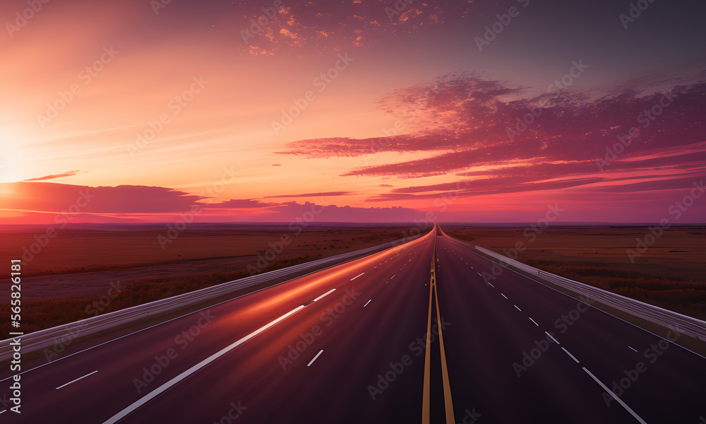 Ultrawide highway  with golden ratio style 4K  sides  are prairies light is Golden hour sky with red Clouds ultrarealistic generated with generative ai
