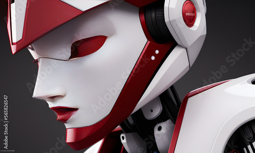 realistic photograph of female nousr robot white and red nousr robot digital 3d hard surface real-time vfx intricate character generated by generative ai