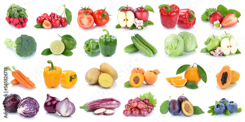 Fruits and vegetables collection isolated on white banner with apple tomatoes orange lettuce fresh fruit