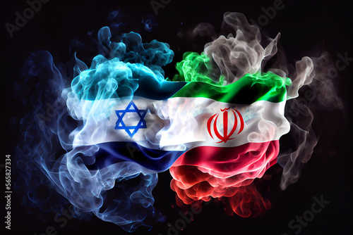 The confrontation between Israel and Iran. Israel and Iran flags in smoke shape on black background. Concept of conflict war. Generative Ai. Art Illustration photo