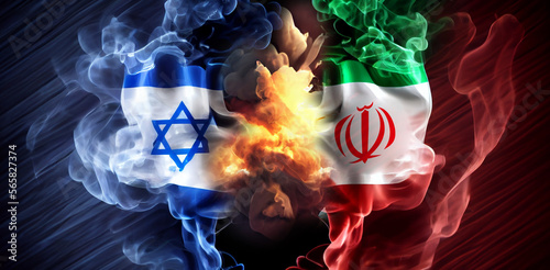 The confrontation between Israel and Iran. Israel and Iran flags in smoke shape on black background. Concept of conflict war. Generative Ai. Art Illustration