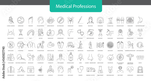 Medical Professions line icon set includes beautician and venerologist, bacteriologist and aromatherapist, psychotherapist and podiatrist, andrologist and cardiac, surgeon and endoscopist.