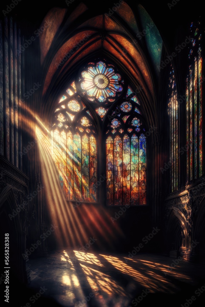 Golden light entering stained glass window. Fantasy magical scene. Generative ai.