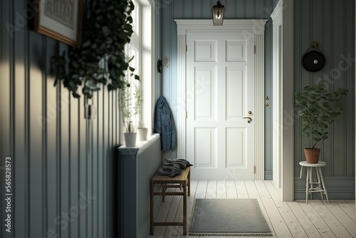 Scandinavian interior style bright hallway with entrance door in the daylight  with natural wood bench and stool