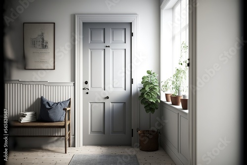 Scandinavian interior style bright hallway with entrance door in the daylight, with 