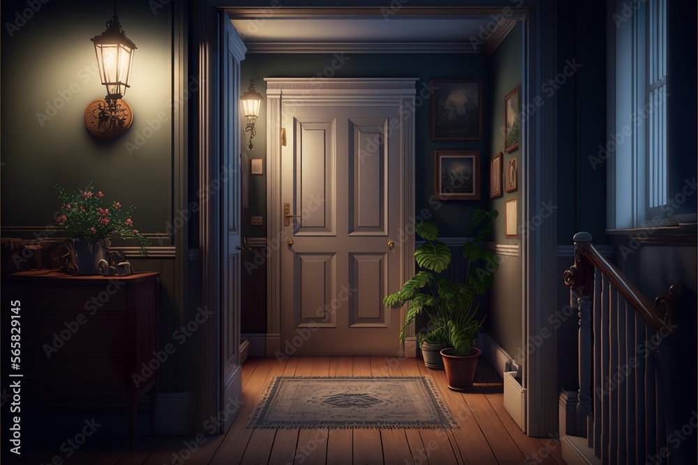 Country interior style hallway with entrance door at night in the light