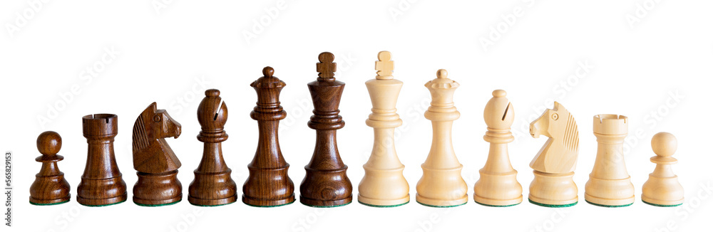 Black and white wooden chess pieces isolated on white background Black and white wooden chess pieces isolated on white background