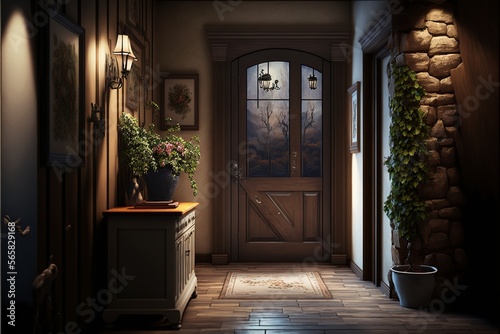 Country interior style hallway with entrance door and potted plants