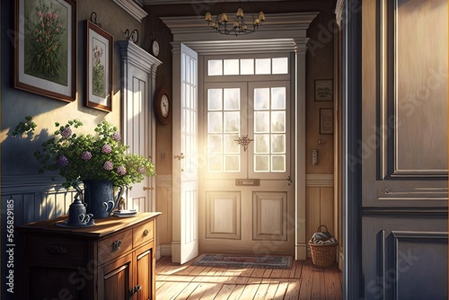 Country interior style hallway with windowed entrance door in the morning sunshine with coat haner and plants © Csaba