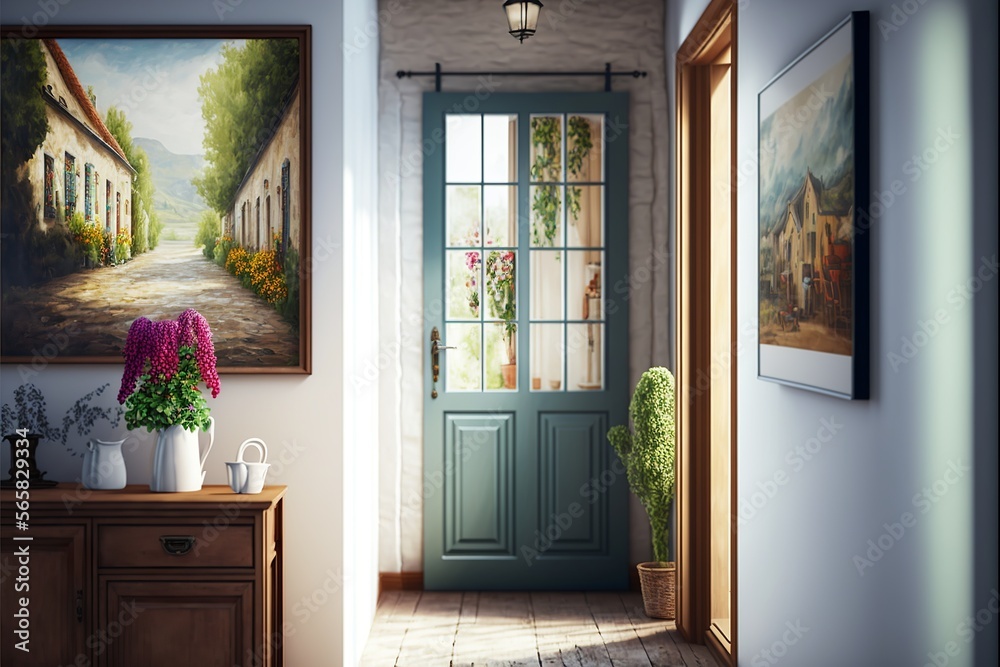 Fototapeta premium Country interior style hallway with windowed entrance door and natural wood furniture and framed picture
